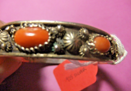 RARE Antique 1920s-1930s Coral and Silver Bracelet - Ladies
