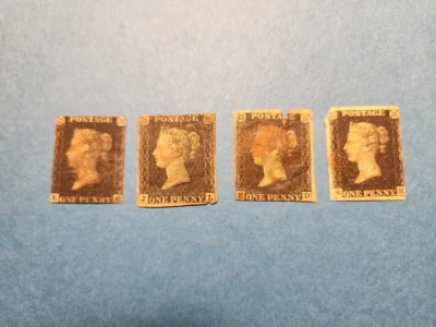 RARE! 4x 1840 British 1 PENNY BLACK Stamps, Used, Red Maltese Crosses