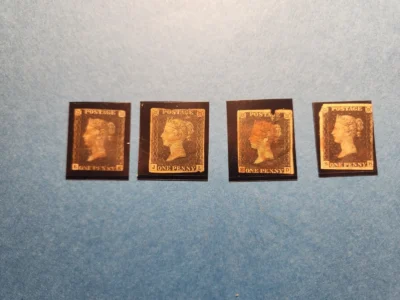 RARE! 4x 1840 British 1 PENNY BLACK Stamps, Used, Red Maltese Crosses