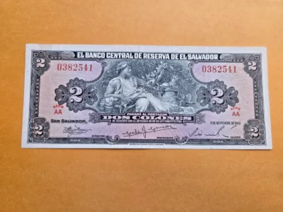RARE 1960 El Salvador 2 COLONES Banknote - Series AA Red Ink - EF40
